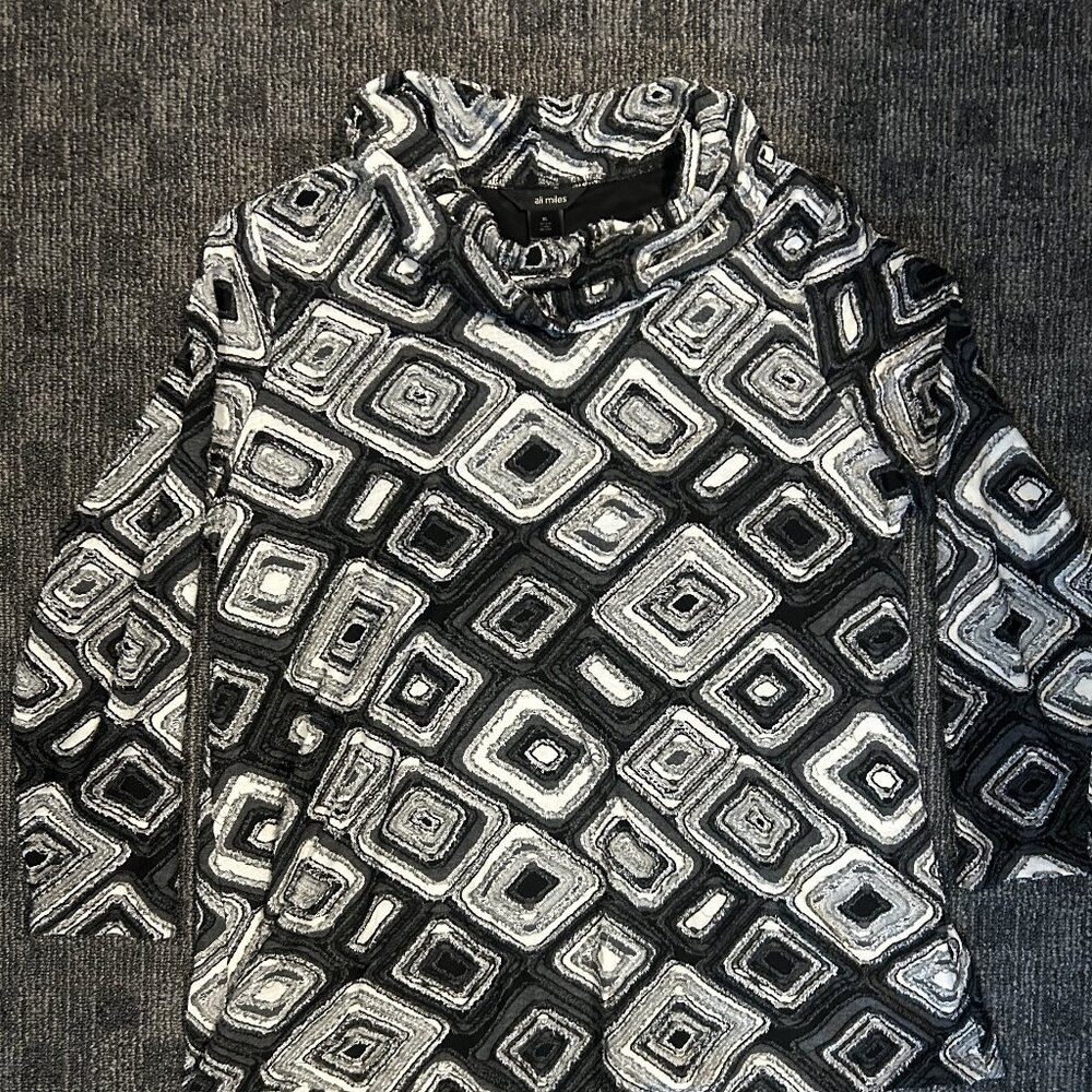 Ali Miles black/white geometric avant garde cowl neck tunic top XL mod